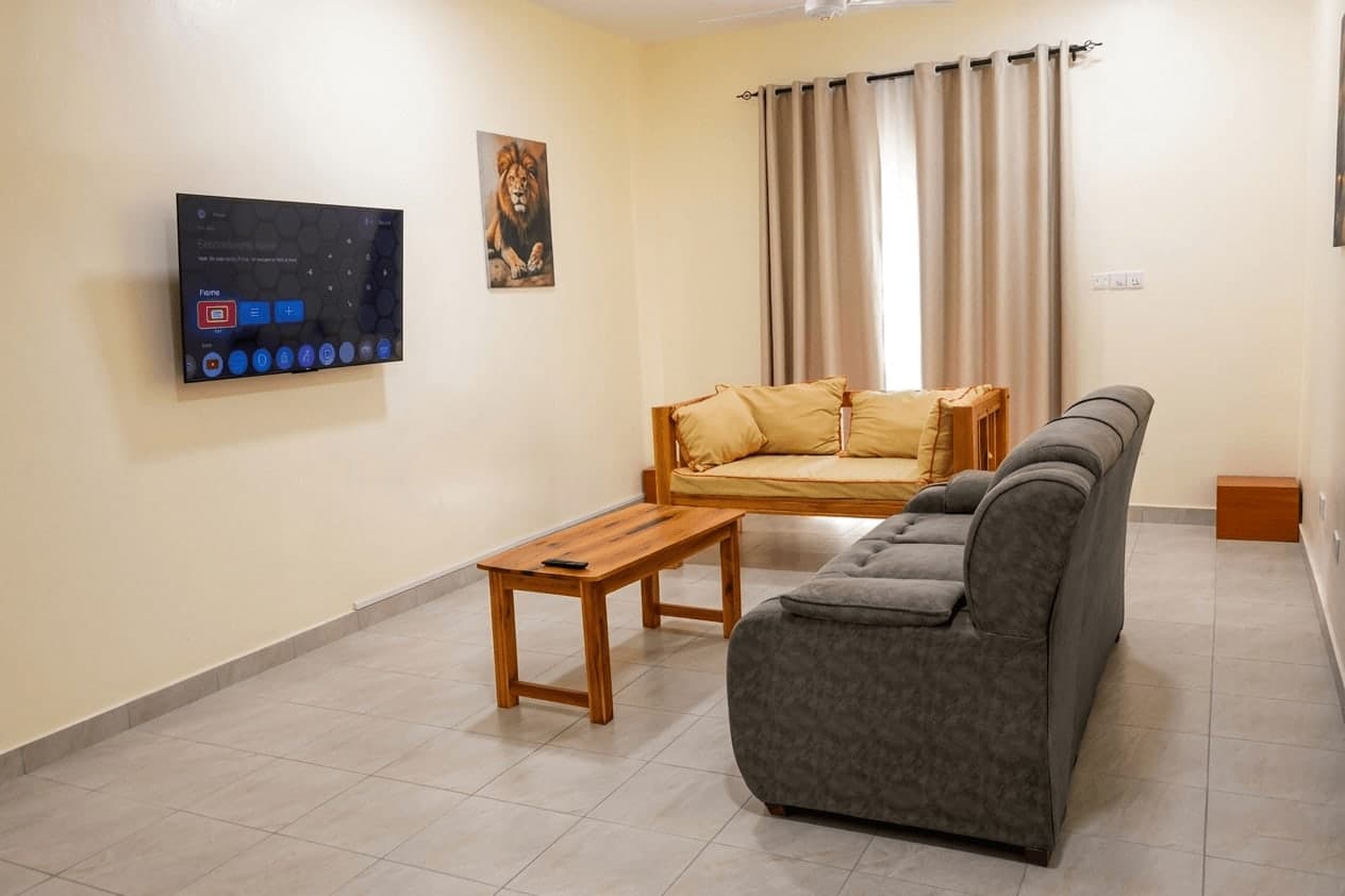 Living room in one of the apartments, with sofas and a television